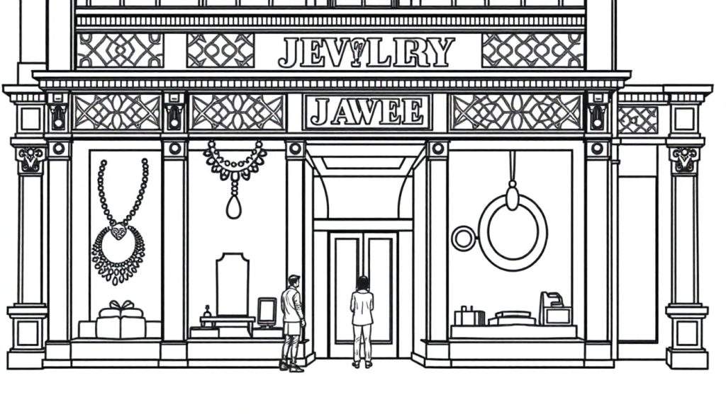 Kleurplaat van een gedetailleerde gevel van een juwelierszaak genaamd 'Jevllry' en 'Jawee', met sierlijke architectuur, etalages vol met sieraden en cadeaus, en twee figuren bij de ingang.