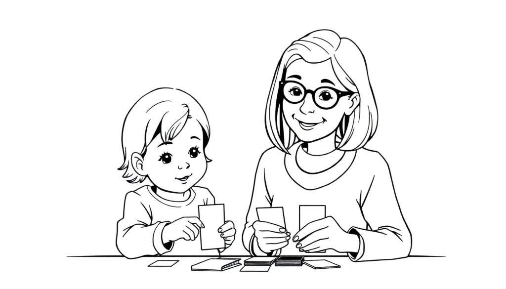 Kleurplaat van een lachende vrouw met bril die kaarten vasthoudt, tegenover een glimlachend kind met grote ogen dat ook een kaart bekijkt, aan een tafel vol speelkaarten.