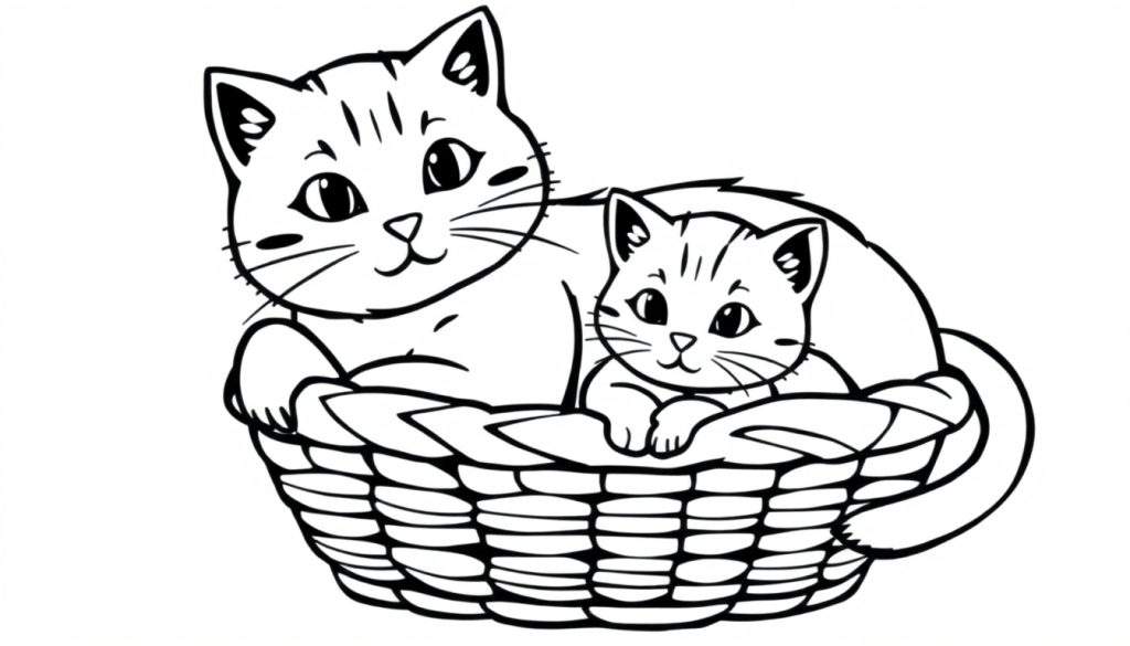 Zwart-witte kleurplaat van een grote moederkat die een klein kitten beschermt in een gevlochten mand.