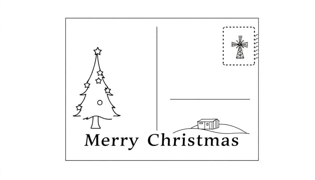 Zwart-wit lijntekening van een verticale kerstansichtkaart met aan de linkerkant een kerstboom, kerstbal, sterren en de tekst 'Merry Christmas', en aan de rechterkant een postzegelvak met een windmolen, een adreslijn en een huisje op een heuvel.