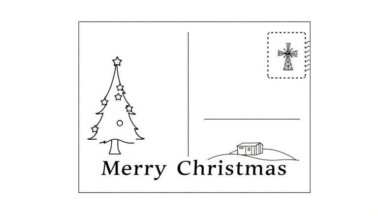 Zwart-wit lijntekening van een verticale kerstansichtkaart met aan de linkerkant een kerstboom, kerstbal, sterren en de tekst 'Merry Christmas', en aan de rechterkant een postzegelvak met een windmolen, een adreslijn en een huisje op een heuvel.