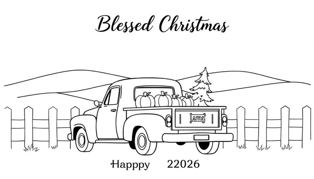 Zwart-wit lijntekening van een pick-up truck, van achteren gezien, met een laadbak vol pompoenen en een kerstboom. Tekst bovenaan 'Blessed Christmas' en onderaan 'Happpy 22026'. Voor de truck staat een houten hek.