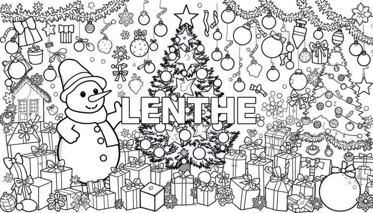 Kleurplaat met een vrolijke sneeuwpop, een grote versierde kerstboom met de naam 'LENTHE' ervoor, een kleinere kerstboom, veel cadeautjes en kerstdecoraties zoals ballen en sneeuwvlokken.