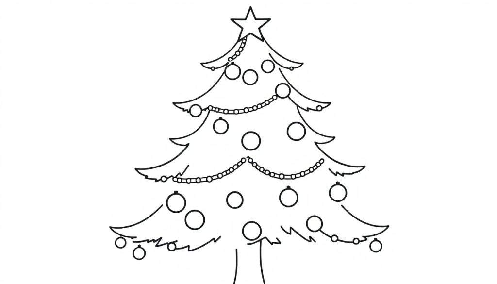 Zwart-wit lijntekening van een eenvoudige kerstboom met een ster bovenop, slingers en ronde kerstballen.