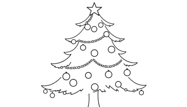 Zwart-wit lijntekening van een eenvoudige kerstboom met een ster bovenop, slingers en ronde kerstballen.