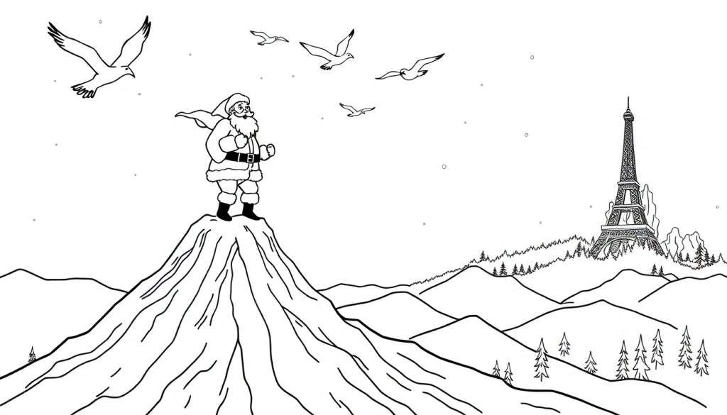 Zwart-wit tekening van de Kerstman staand op een besneeuwde berg, met vliegende vogels, sneeuwvlokken, dennenbomen en de Eiffeltoren in de verte.