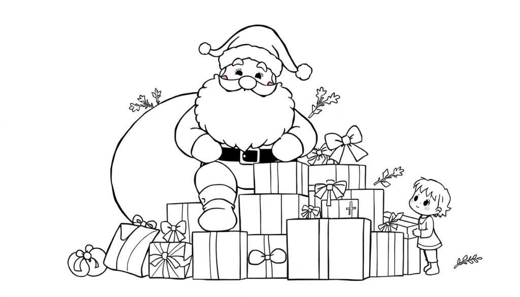 Kleurplaat van de Kerstman zittend op cadeaus met een kindje ernaast, omringd door kerstversiering.