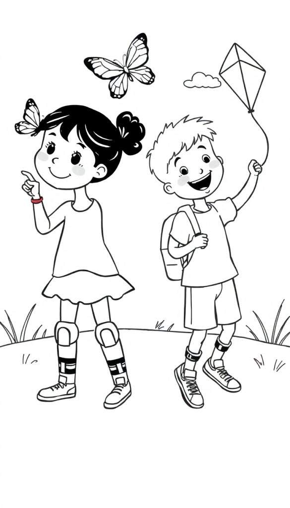 Zwart-wit tekening van een meisje met knotjes die naar een vlinder wijst en een jongen met stekelig haar die een vlieger vasthoudt, terwijl ze buiten op een grasveld spelen met een vlieger en vlinders in de lucht.