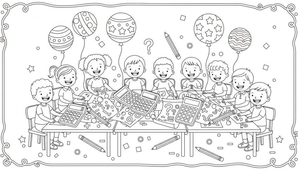Zwart-wit kleurplaat van tien blije kinderen die aan een tafel zitten te leren rekenen, omringd door ballonnen en sterren.
