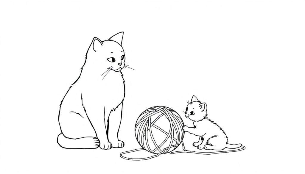 Zwart-wit lijntekening van een speels kitten dat met een bol wol speelt, terwijl een volwassen kat ernaast zit en toekijkt.