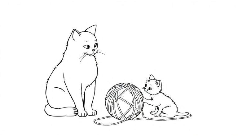 Zwart-wit lijntekening van een speels kitten dat met een bol wol speelt, terwijl een volwassen kat ernaast zit en toekijkt.