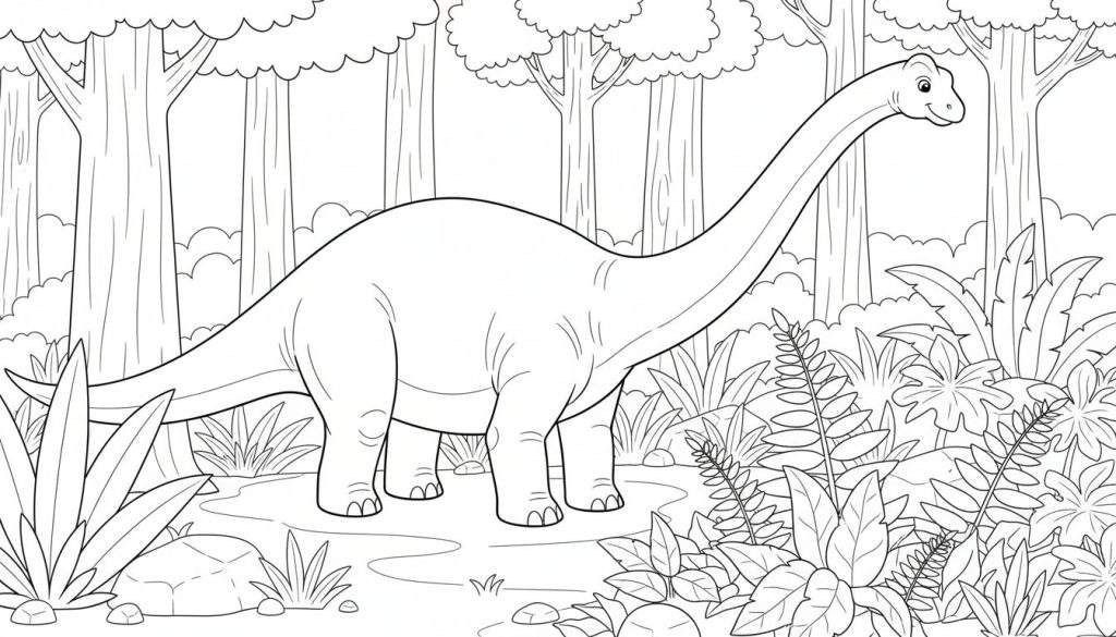 Zwart-wit lijntekening van een grote, vriendelijke langnek dinosaurus staand in een dichtbegroeid oerwoud met varens, palmen en waterplassen.