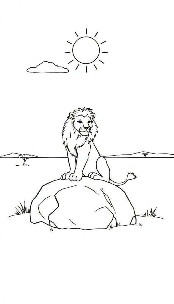 Kleurplaat van een leeuw met manen op een rots in een savannelandschap met zon en een wolk.