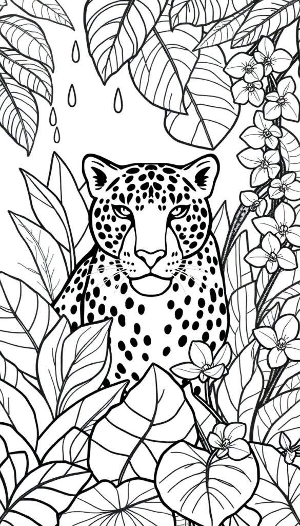 Kleurplaat van een luipaard in een dichte jungle, met bloemen aan de rechterkant en regendruppels aan de linkerkant.