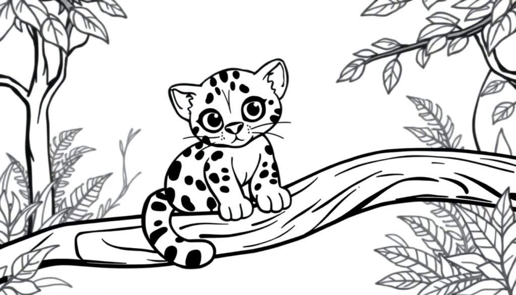 Kleurplaat van een schattige luipaardwelp met vlekken en grote ogen, zittend op een boomtak in een bosrijke achtergrond.