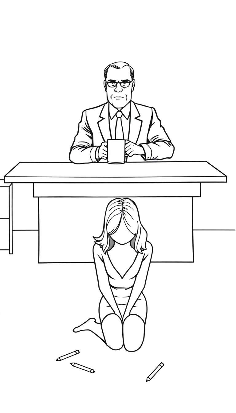 Kleurplaat van een strenge man achter een bureau die naar een knielende vrouw kijkt. De vrouw heeft een blanco gezicht.