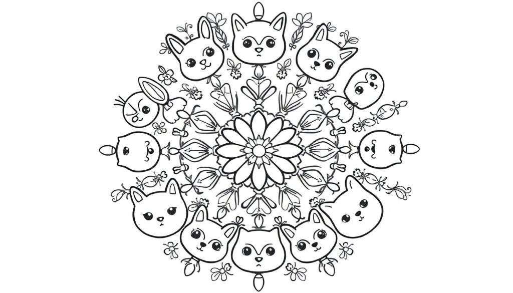 Zwart-wit mandala kleurplaat met een centrale bloem, sierlijke krullen, bladachtige vormen en acht dierengezichtjes (konijntjes, vogeltjes, poesjes/vosjes), omringd door kleine bloemetjes en insectjes.