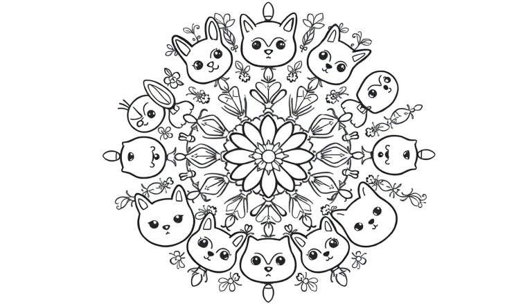 Zwart-wit mandala kleurplaat met een centrale bloem, sierlijke krullen, bladachtige vormen en acht dierengezichtjes (konijntjes, vogeltjes, poesjes/vosjes), omringd door kleine bloemetjes en insectjes.