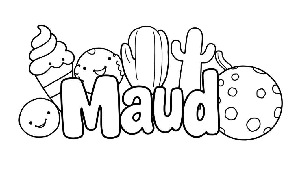 Kleurplaat van de naam Maud met lachende cartoonfiguurtjes.
