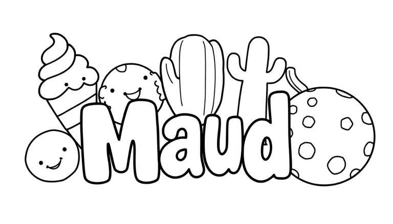 Kleurplaat van de naam Maud met lachende cartoonfiguurtjes.