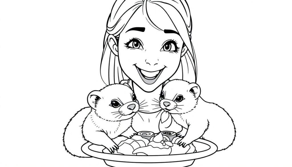 Zwart-wit tekening van een blij meisje met lang haar, zittend met twee kleine, harige diertjes. Voor hen staat een grote schaal met sushi, gebakjes en sausjes.