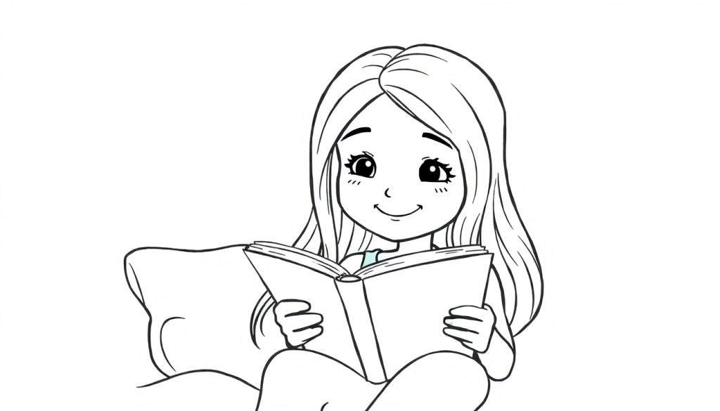 Zwart-wit lijntekening van een gelukkig jong meisje met lang haar dat in een open boek leest, zittend met een kussen. Een beetje lichtblauw is zichtbaar op haar shirt.
