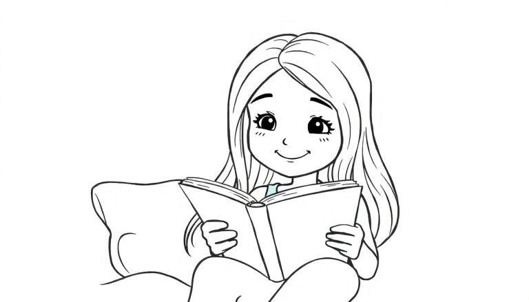 Zwart-wit lijntekening van een gelukkig jong meisje met lang haar dat in een open boek leest, zittend met een kussen. Een beetje lichtblauw is zichtbaar op haar shirt.