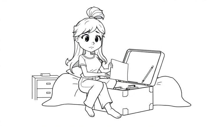 Kleurplaat van een jong meisje dat peinzend op een bed zit met een document, naast een open koffer met spullen en een potlood.
