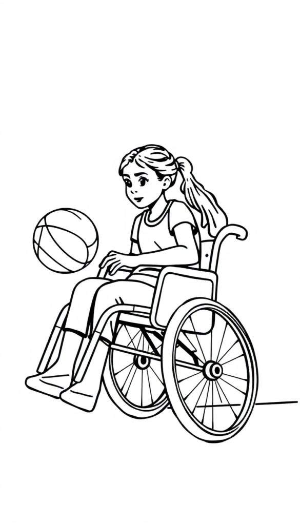 Zwart-wit lijntekening van een meisje met paardenstaart, zittend in een rolstoel, met een basketbal in haar handen. Ze kijkt geconcentreerd naar de bal.
