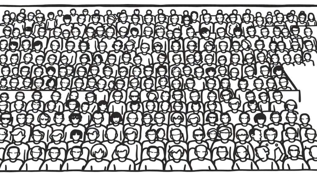 Kleurplaat van een grote, dichte menigte mensen, getekend met dikke zwarte omtreklijnen. De hoofden en schouders zijn schematisch weergegeven in rijen die naar achteren en boven lopen, wat een stadionpubliek suggereert.