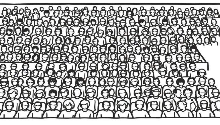 Kleurplaat van een grote, dichte menigte mensen, getekend met dikke zwarte omtreklijnen. De hoofden en schouders zijn schematisch weergegeven in rijen die naar achteren en boven lopen, wat een stadionpubliek suggereert.