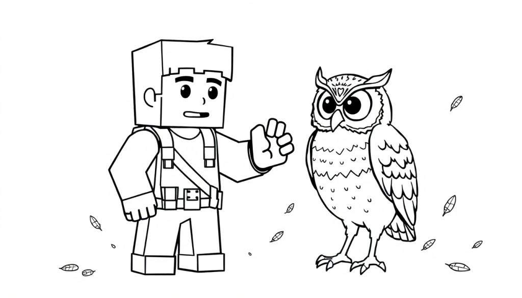 Kleurplaat van een Minecraft-achtig personage dat naar een uil kijkt, met blaadjes rondom.