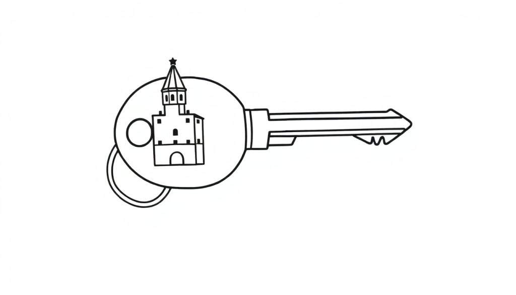 Kleurplaat van een moderne sleutel met een gedetailleerde tekening van een toren of kasteel in de ronde kop, met inkepingen aan het sleutelblad.