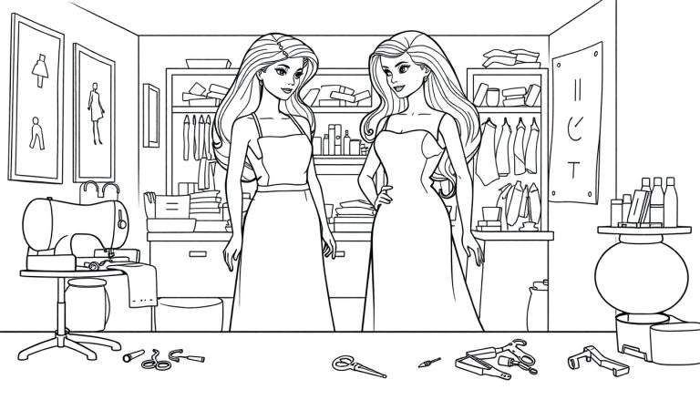 Kleurplaat van een modestudio met twee poppen, naaimachine, kledingrekken, ontwerpschetsen en modeaccessoires.