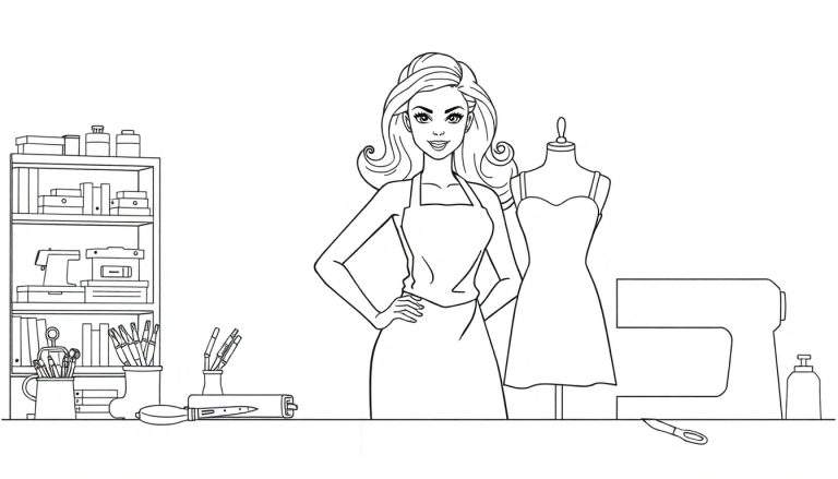 Zwart-wit kleurplaat van een naaiatelier met een glimlachende vrouw, paspop, naaimachines en creatief gereedschap.