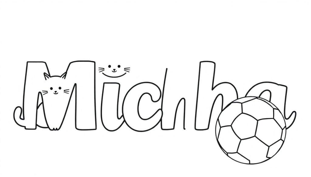 Zwart-wit lijntekening kleurplaat van de naam Micha met een katje in de M, een kattengezichtje boven de i en een voetbal bij ha.