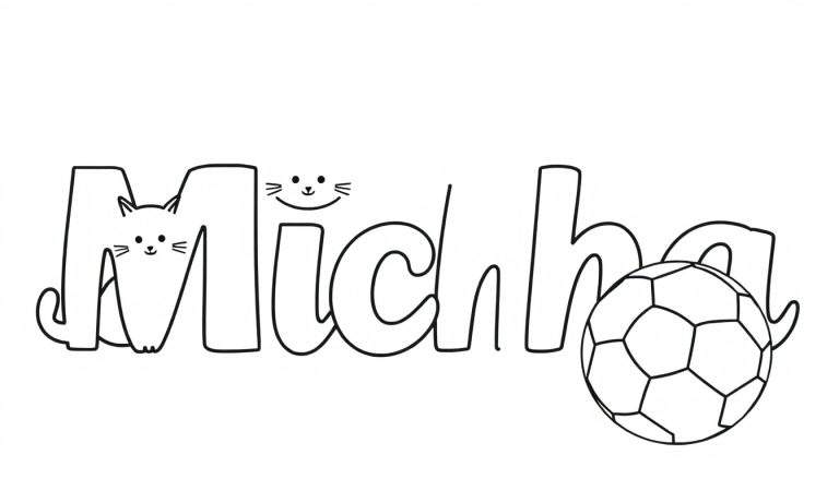 Zwart-wit lijntekening kleurplaat van de naam Micha met een katje in de M, een kattengezichtje boven de i en een voetbal bij ha.