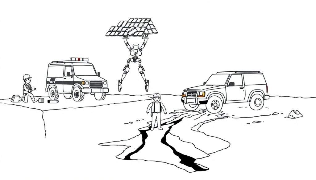 Zwart-wit lijntekening van een reddingsactie na een aardbeving, met een robot, politieauto en bouwvakkers bij een grote scheur in de grond.