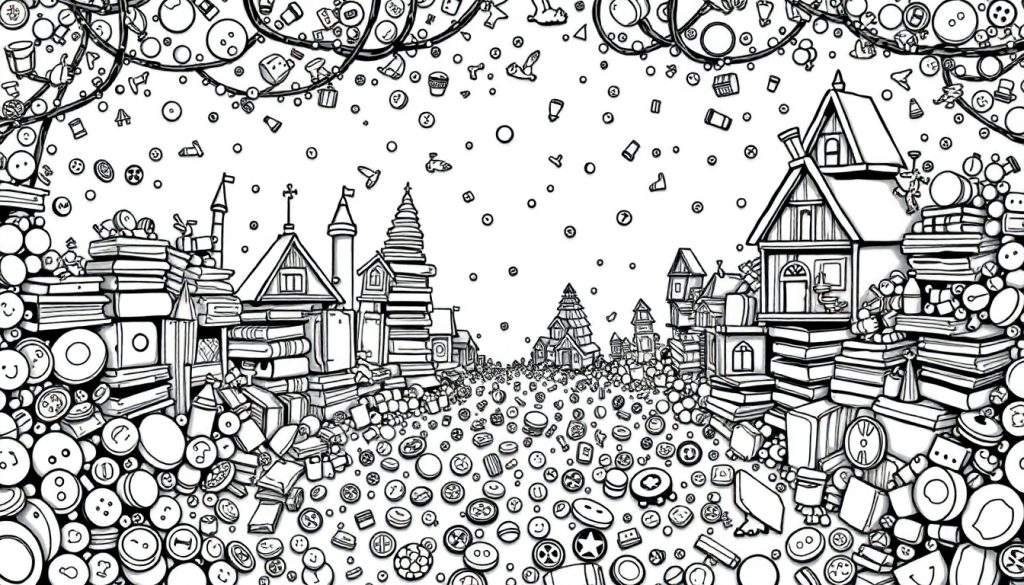 Zwart-wit kleurplaat van een fantasierijk stadje gemaakt van knopen, boeken en andere huishoudelijke voorwerpen, met kronkelende lijnen aan de bovenkant en een pad bezaaid met knopen.
