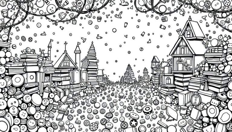 Zwart-wit kleurplaat van een fantasierijk stadje gemaakt van knopen, boeken en andere huishoudelijke voorwerpen, met kronkelende lijnen aan de bovenkant en een pad bezaaid met knopen.