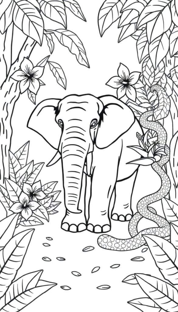Zwart-wit lijntekening van een olifant in een jungle met tropische planten, bloemen, boomstammen en een slang.