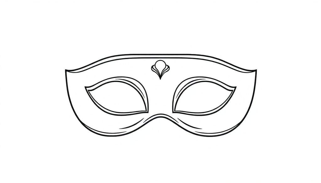 Zwart-wit lijntekening van een elegant oogmasker met twee oogopeningen en een decoratief druppelvormig element in het midden, geschikt als kleurplaat.