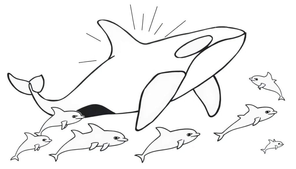 Kleurplaat van een orka met zwart-witte patronen, omringd door zeven dolfijnen van verschillende groottes. Kleine streepjes rond de orka symboliseren beweging of geluid.