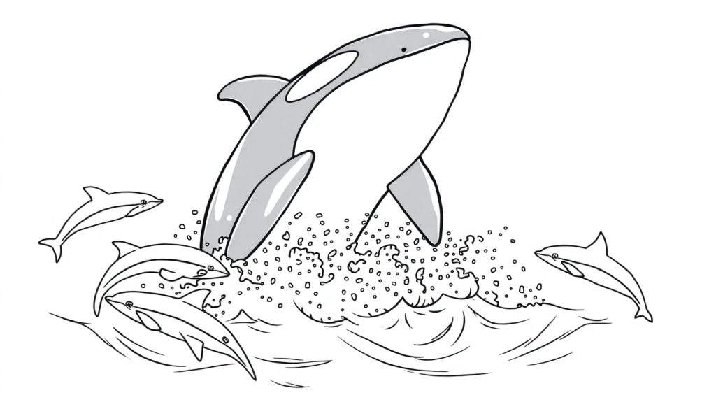 Kleurplaat van een grote orka die uit het water springt, met vier kleinere dolfijnen die rondom zwemmen en springen. Overal zijn waterspatten en golven te zien.