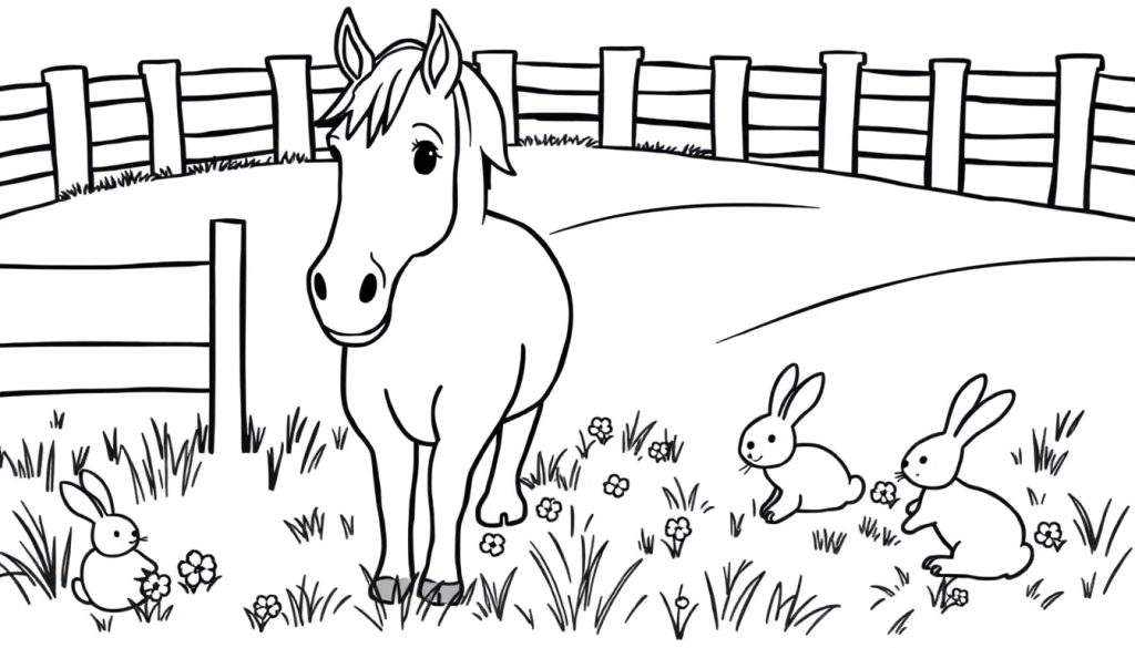 Kleurplaat van een paard met konijntjes in een bloemenweide.