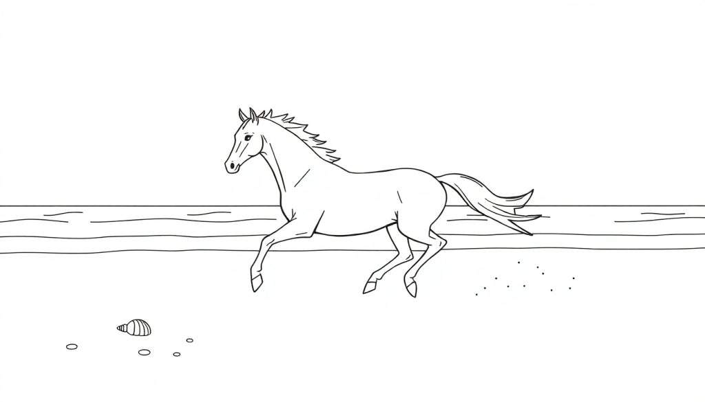 Zwart-witte lijntekening van een paard dat galoppeert op een strand met golven op de achtergrond en schelpen op het zand.