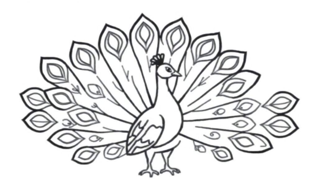 Zwart-wit tekening van een pauw met volledig uitgespreide waaierstaart, klaar om gekleurd te worden.