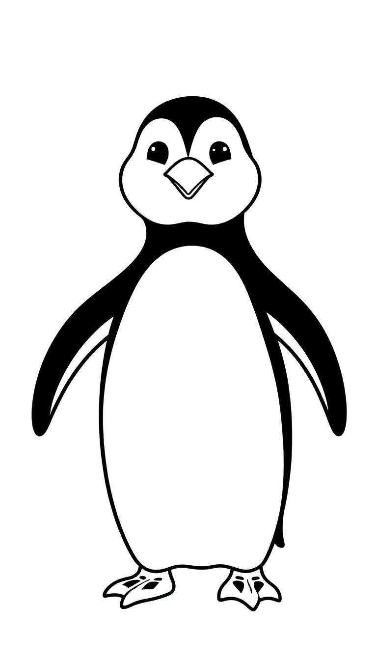 Kleurplaat van een vrolijke cartoon pinguïn met grote ogen en een witte snavel.