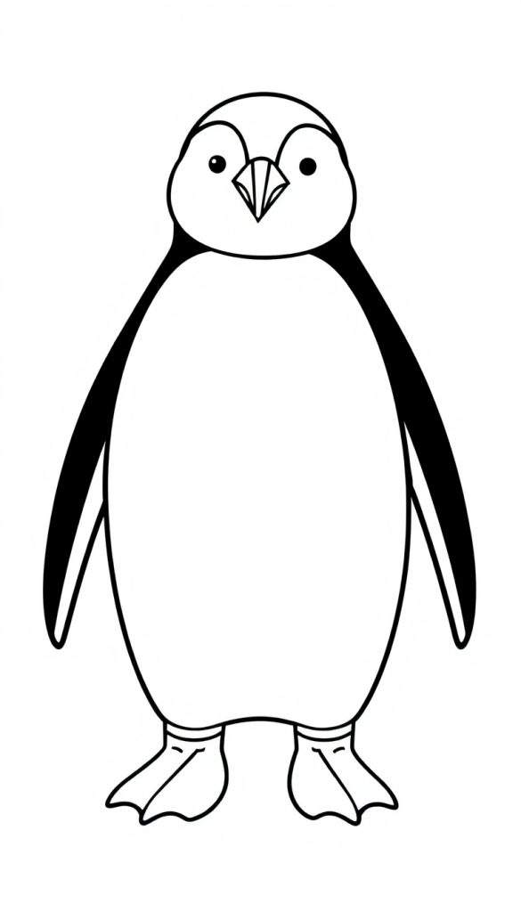 Zwart-wit lijntekening van een pinguïn die rechtop staat, met een witte buik en gezicht, en zwarte rug en vleugels, klaar om ingekleurd te worden.