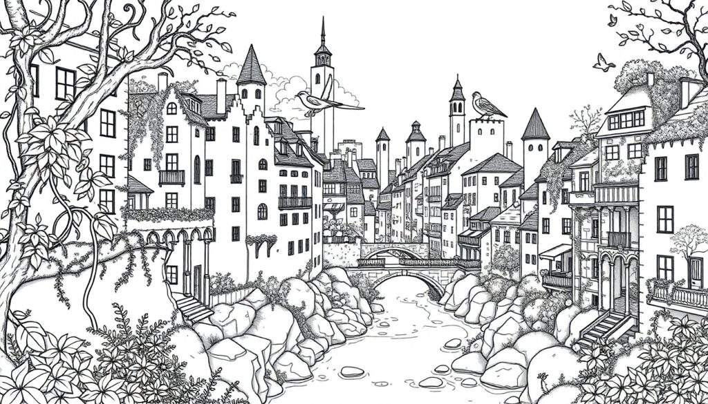 Gedetailleerde lijntekening van een pittoreske Europese stad aan een rivier, met veel gebouwen, bruggen, bomen, planten en vogels, ontworpen als kleurplaat.